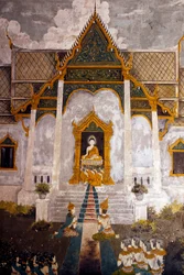 Fresko, das eine Szene aus dem Leben Buddhas in Wat Phra Doi Suthep, Chiang Mai, Thailand darstellt